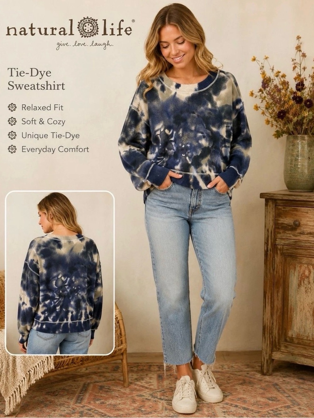 Natural Life Blue Tie Dye Crewneck Sweater Sweatshirt Boho Cozy Womens small